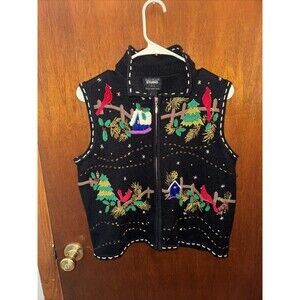 Studio Joy Womens Black Christmas Sweater Vest With Zipper Size Petite Medium PM